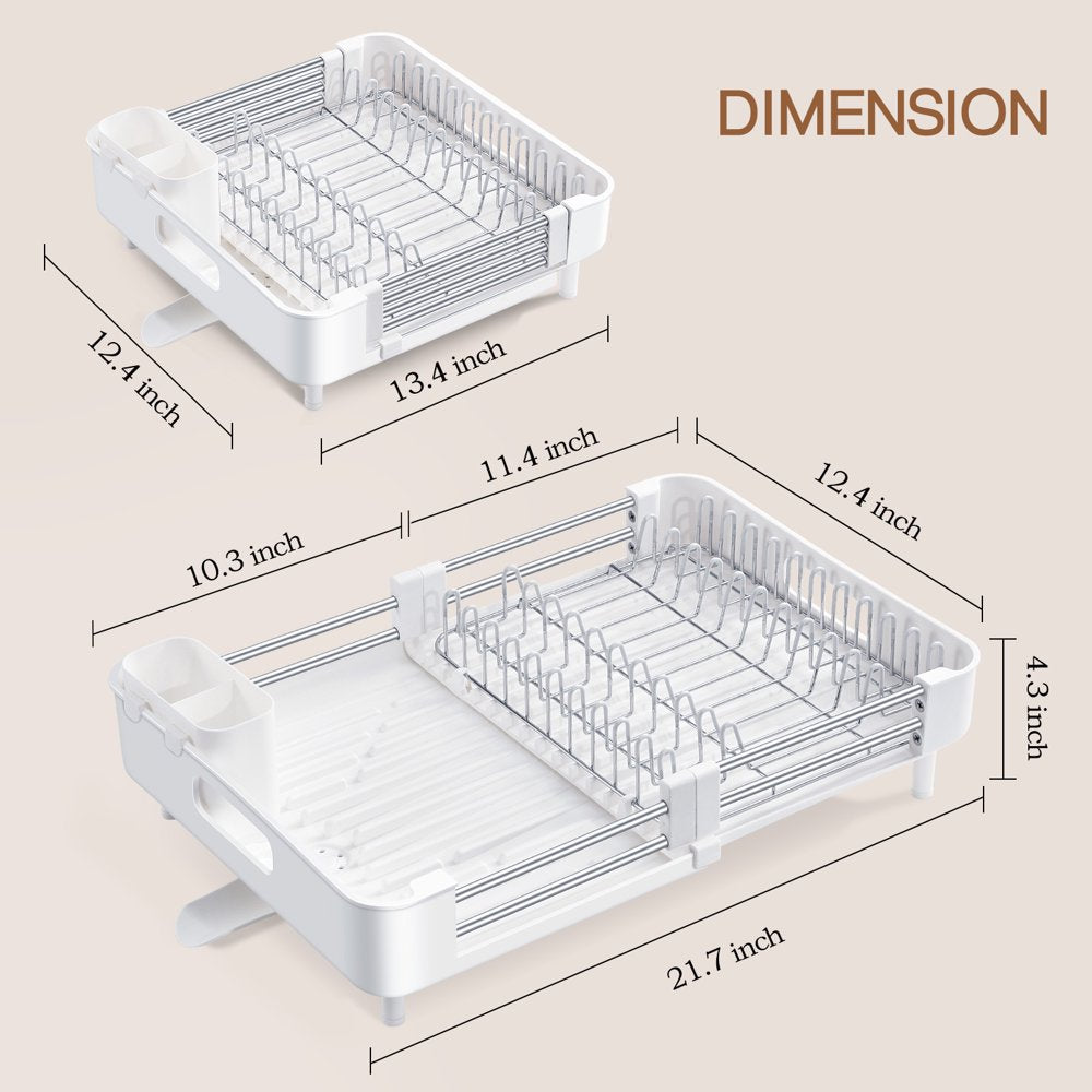Extendable Dish Rack, Adjustable Dish Drying Rack for Kitchen, Foldable Dish Drainer with Removable Cutlery Holder, White