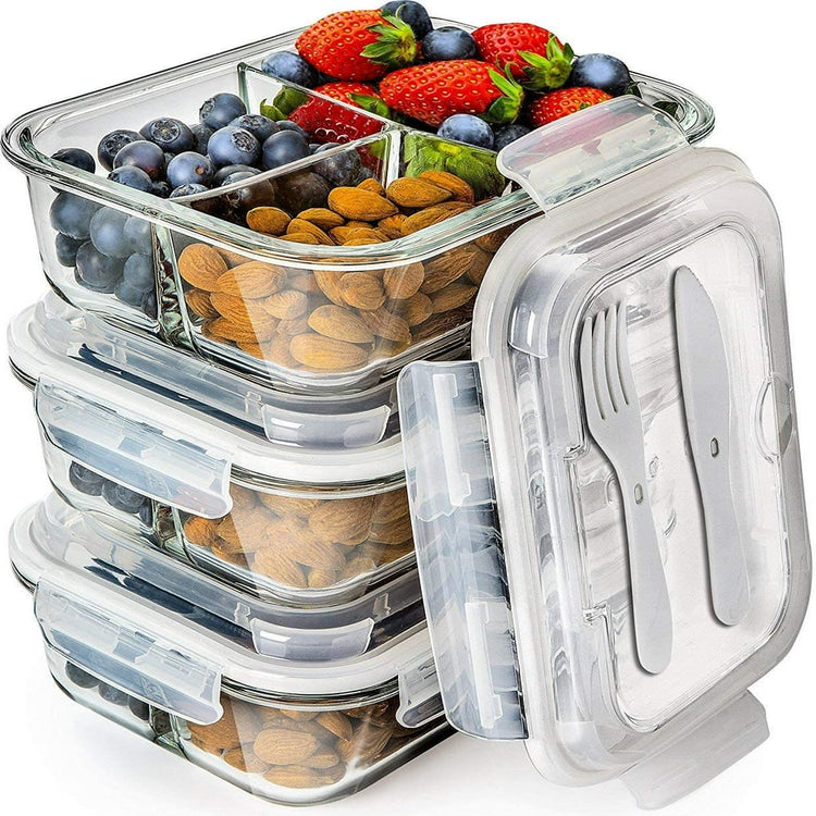 - Glass Food Storage Containers - Meal Prep Container - 3 Packs, 3 Compartments, 34 Oz