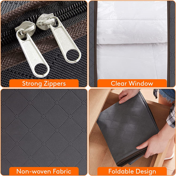 Clothes Storage Bag 90L Large Capacity Organizer with Reinforced Handle Thick Fabric for Comforters, Blankets, Bedding, Foldable with Sturdy Zipper, Clear Window, 3 Pack, Grey