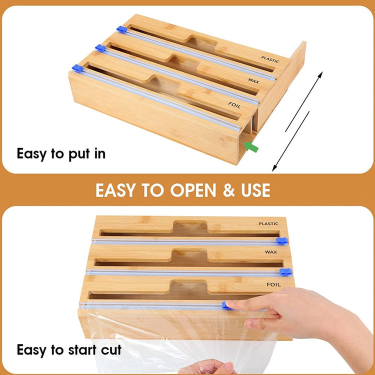 Plastic Wrap Dispenser with Cutter, 3 in 1 Bamboo Plastic Wrap Foil and Wax Paper Organizer and Dispenser for Kitchen Drawer, Wall Mount Holder (3 Slots)