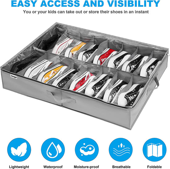 under Bed Shoe Storage Organizer Set of 2, Fits 32 Pairs, Underbed Shoe Box Storage Containers Adjustable Dividers W/Bottom Support Velcro, Clear Foldable Shoes Storage W/Reinforced Handles