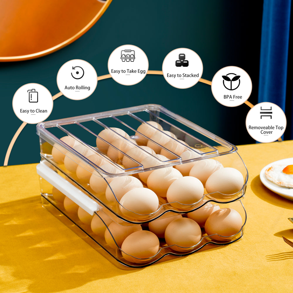 Fridge Egg Holder,2 Layer Rolling Egg Cartons for Refrigerator, Refrigerator Egg Organizer with Lid, Clear Egg Dispenser, Egg Tray & Storage Container