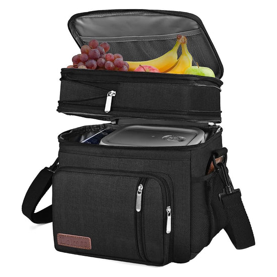 Lunch Box, Insulated Lunch Bag, Expandable Double Deck Cooler Bag, Lightweight Leakproof Tote Bag with Side Tissue Pocket, Suit for Men and Women, Black