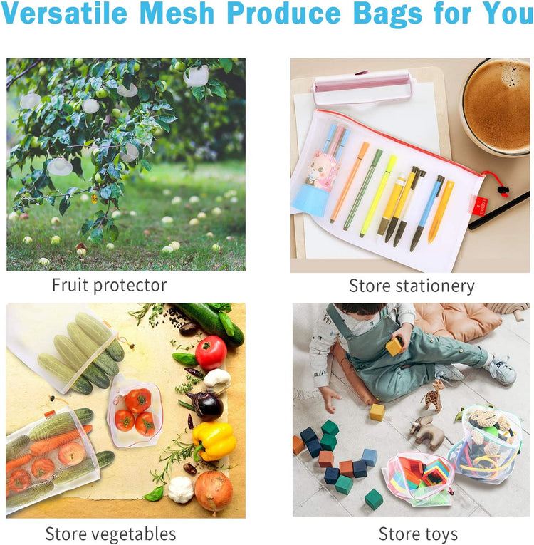 Reusable Produce Bags Set of 15 Mesh Produce Bags 3 Size Washable and See-Through Grocery Bags, with Colorful Tare Weight Tags,5 Small 5 Medium & 5 Large