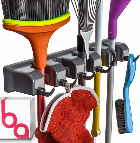 Broom Holder & Wall Mount Garden Tool Organizer - Home Laundry Room, Kitchen, Closet, Shed, Garage Organization and Storage Utility Rack - 5 Slots & 6 Hooks -Rake, Shovel, Mop Hanger (Black)