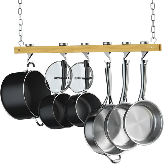 36-Inch Ceiling Mounted Wooden Pot Rack with 6 Solid Cast Aluminum Swivel Hooks, Movable Tracks Type Hanging Pot Rack Suitable for Heavy Duty Pots and Pans