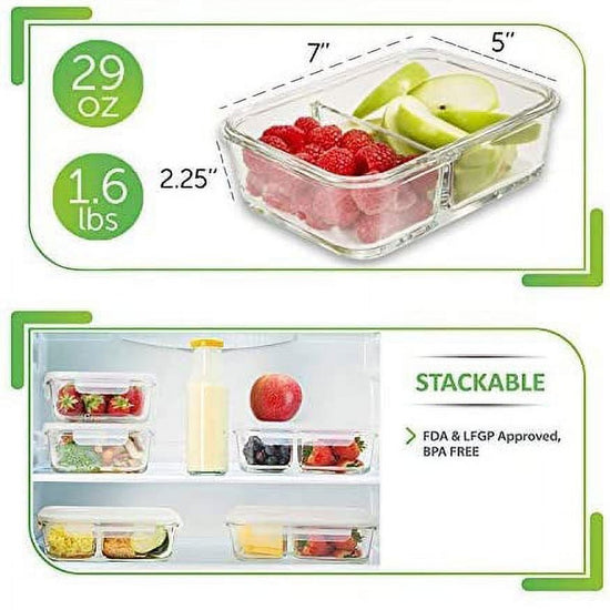 - Glass Food Storage Containers - Meal Prep Container - 5 Packs, 2 Compartments, 30 Oz