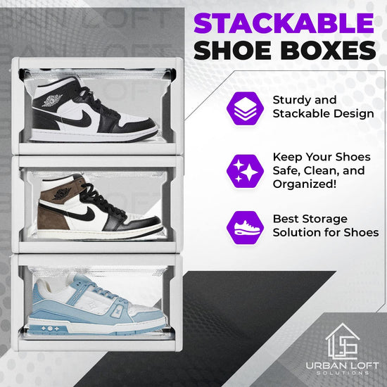 Urban Loft Premium Acrylic Shoe Boxes Stackable,Clear Shoe Organizer for Closet-Pack of 3| Large Sneaker Storage Box | Sneaker Clear Shoe Case for Sneakerheads with Drop Lid Shoe Display Case, White