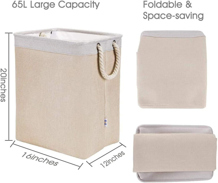 Laundry Basket with Handles & Brackets Small/Large/Tall Hamper for Kid Girl Collapsible Washing Bin Built-In Lining for Bedroom Dorm Toy Clothing Storage (Beige-2Pack, 65L(19.6&