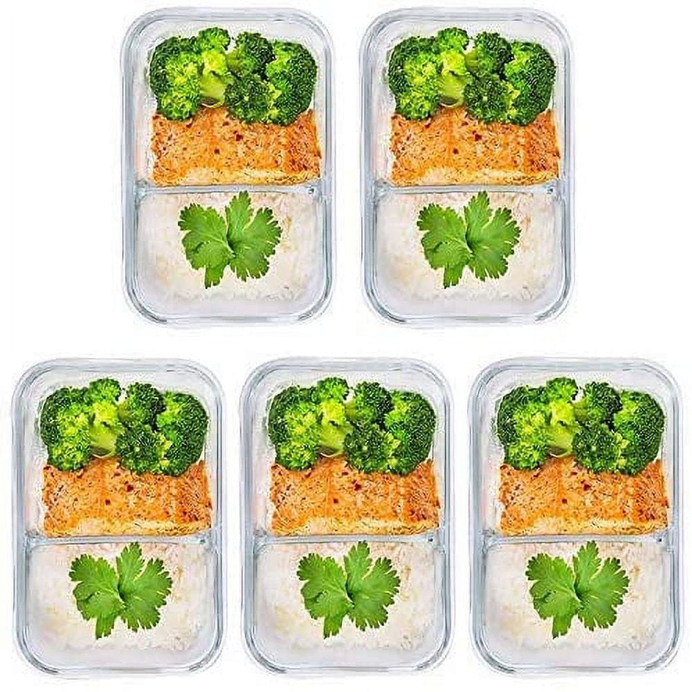 - Glass Food Storage Containers - Meal Prep Container - 5 Packs, 2 Compartments, 30 Oz