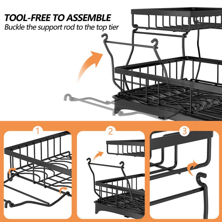 Dish Drying Rack for Kitchen Counter with Drainboard, Detachable Stainless Steel 2 Tier Large Dish Racks Drainer Sink Organizer with Utensils Holder and Cup Holder, Black