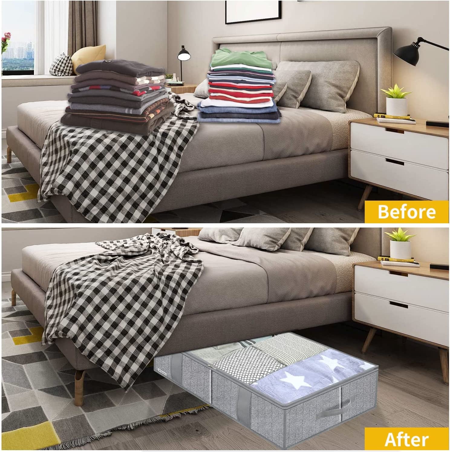 Breathable under Bed Storage Bags with 4 Reinforced Handles and Sturdy Side Wall, 2 Pack Eco-Friendly Underbed Clothing Blankets Organizer with 2 Strong Zippers, Herringbone Grey, MXRUBBSS2P