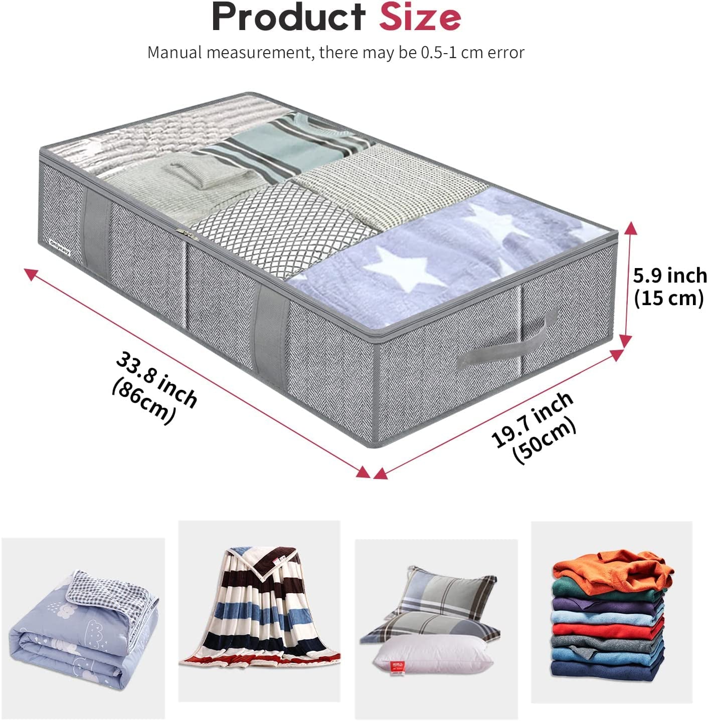 Breathable under Bed Storage Bags with 4 Reinforced Handles and Sturdy Side Wall, 2 Pack Eco-Friendly Underbed Clothing Blankets Organizer with 2 Strong Zippers, Herringbone Grey, MXRUBBSS2P