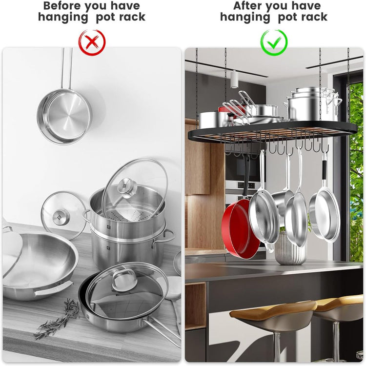 Hanging Pot Rack, Pot Hanger Pots and Pans Organizer for Kitchen Ceiling, Heavy Duty Cooking Hanger with 12 Hooks