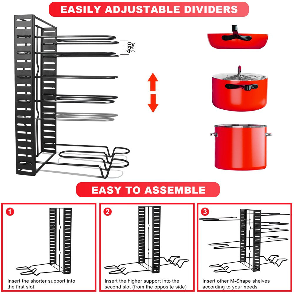 Pot Rack Organizer 8-Tier Pot and Pan Organizer with 4 Hooks Suitable for Kitchen, Black