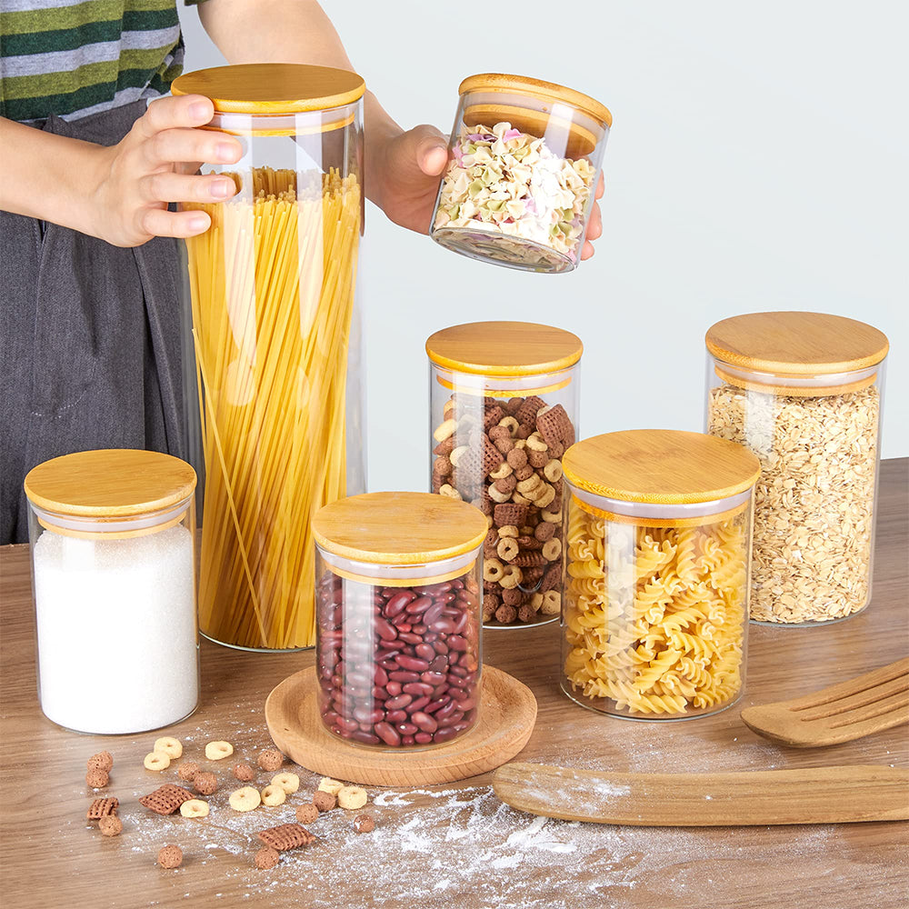 7 PACK Glass Jar with Bamboo Lids,  Glass Food Storage Canister Set, for Kitchen, Pantry Organization