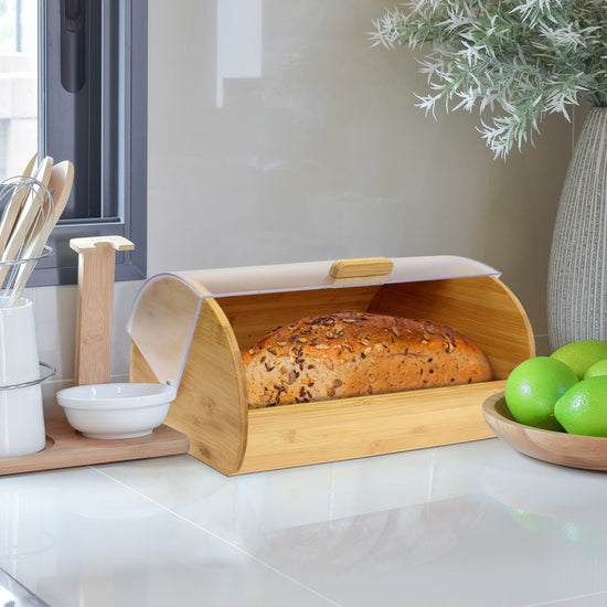 Bamboo Bread Box, Large Storage, Acrylic Easy Glide Cover with Handle, Polished Brown