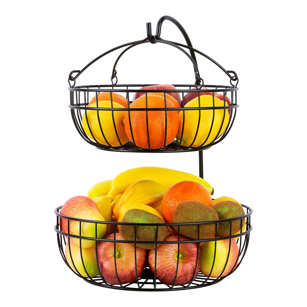 2 Tier Countertop Fruit Basket, Fruit Vegetable Storage Basket for Kitchen, Metal Wire Organization Basket, Black