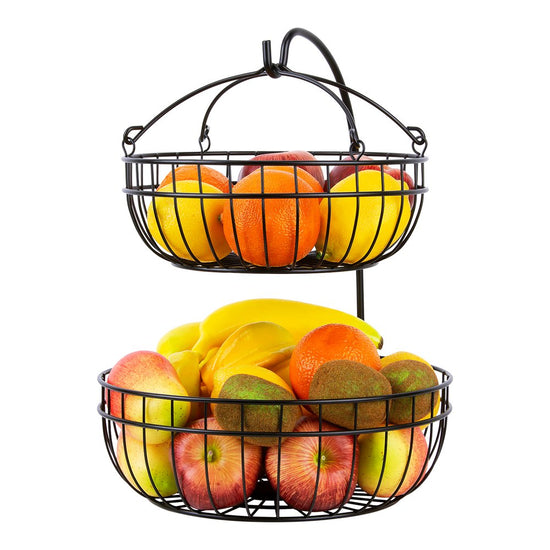 2 Tier Countertop Fruit Basket, Fruit Vegetable Storage Basket for Kitchen, Metal Wire Organization Basket, Black