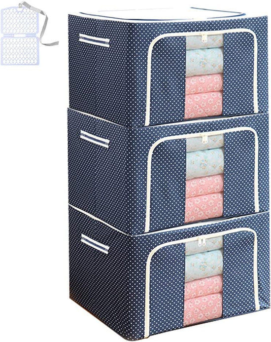 Clothes Storage Bag 100L Large Capacity Organizer with Reinforced Handle Thick Fabric for Comforters, Iron Bracket，Blankets, Bedding, Foldable with Sturdy Zipper, Clear Window,Blue (100L, 3 Pack)