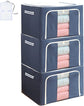 Clothes Storage Bag 100L Large Capacity Organizer with Reinforced Handle Thick Fabric for Comforters, Iron Bracket，Blankets, Bedding, Foldable with Sturdy Zipper, Clear Window,Blue (100L, 3 Pack)