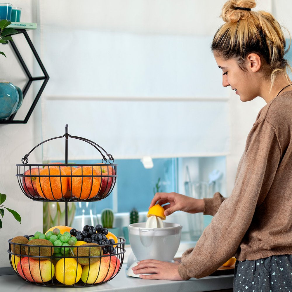 2 Tier Countertop Fruit Basket, Fruit Vegetable Storage Basket for Kitchen, Metal Wire Organization Basket, Black