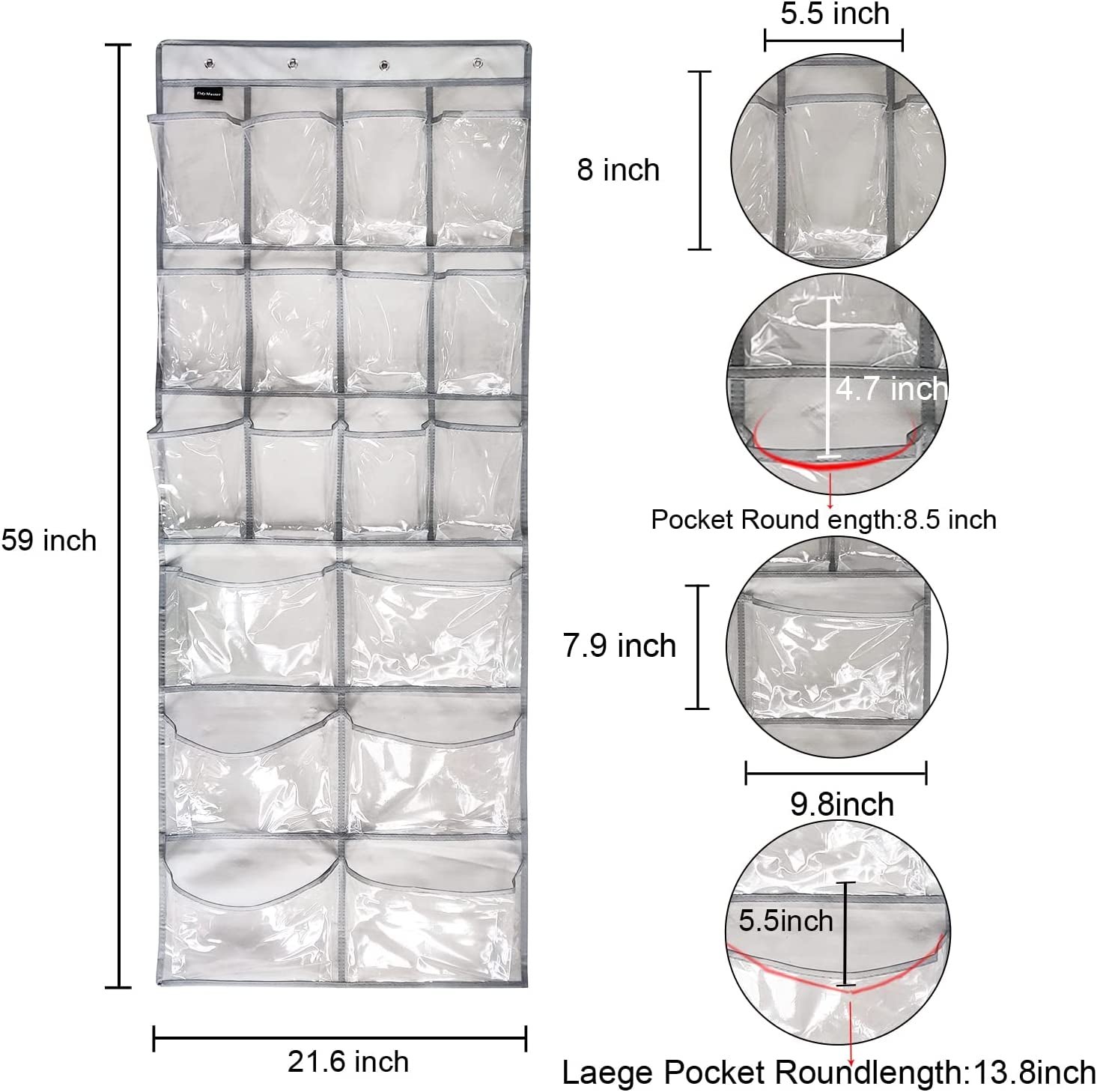 2 Pack Extra Large Hanging Crystal Clear over Door Shoe Organizers,Closet Shoe Organizer Shoe Rack Organizer Shoe Storage,12+6Pockets,8+8Hooks,Grey (59"X 21.6")