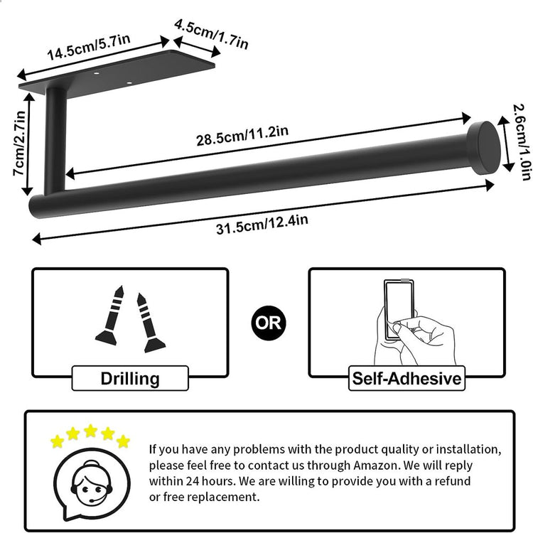 Paper Towel Holder - Self-Adhesive or Drilling, Matte Black Wall Mounted Paper Towel Rack, SUS304 Stainless Steel Kitchen Roll Holder under Cabinet