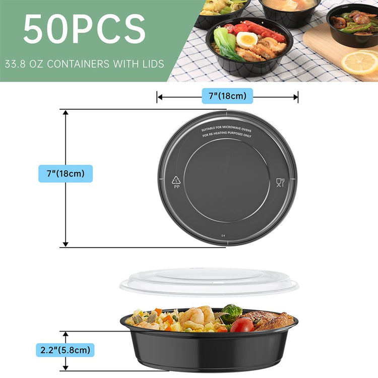 50 Pack Meal Prep Containers, 33.8Oz Plastic Food Storage Containers with Lids to Go Containers, Bento Box Reusable BPA Free Lunch Boxes, Disposable Stackable, Microwave/Dishwasher/Freezer Safe