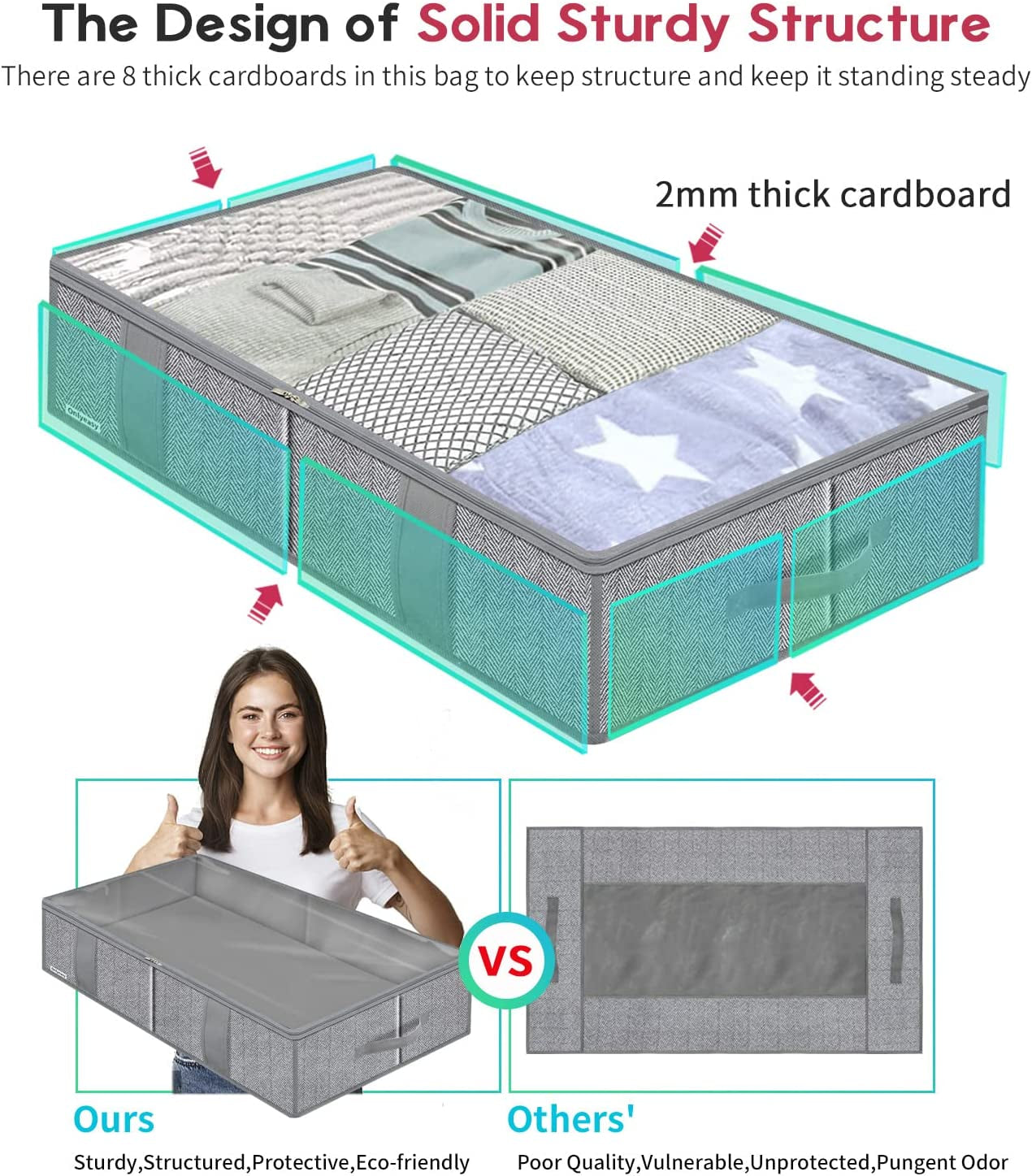 Breathable under Bed Storage Bags with 4 Reinforced Handles and Sturdy Side Wall, 2 Pack Eco-Friendly Underbed Clothing Blankets Organizer with 2 Strong Zippers, Herringbone Grey, MXRUBBSS2P
