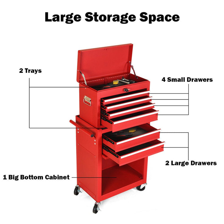 2 in 1 Rolling Cabinet Storage Chest Box Garage Toolbox Organizer W/ 6 Drawers