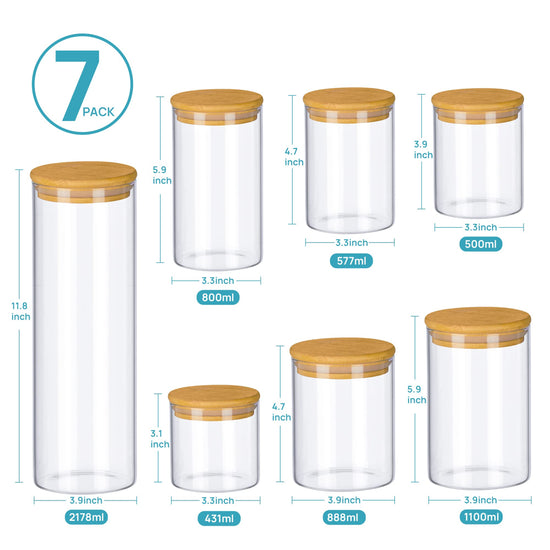 7 PACK Glass Jar with Bamboo Lids,  Glass Food Storage Canister Set, for Kitchen, Pantry Organization