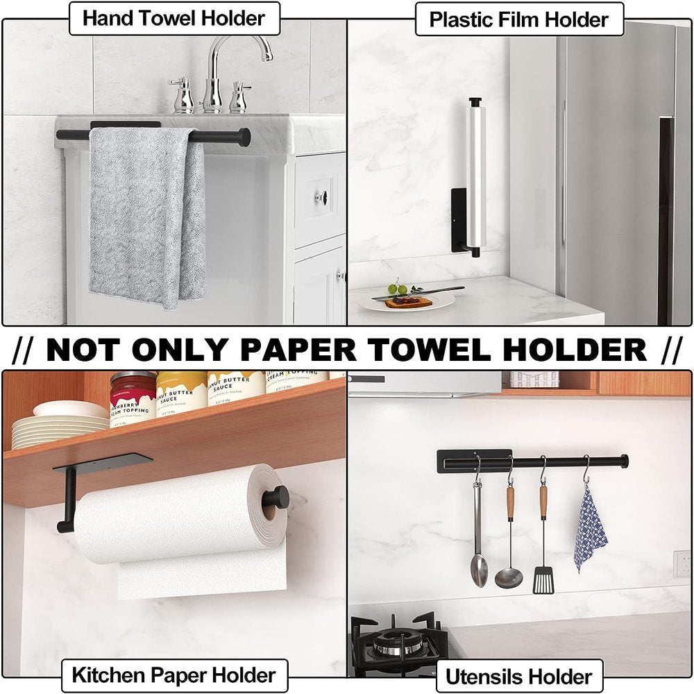 Paper Towel Holder - Self-Adhesive or Drilling, Matte Black Wall Mounted Paper Towel Rack, SUS304 Stainless Steel Kitchen Roll Holder under Cabinet