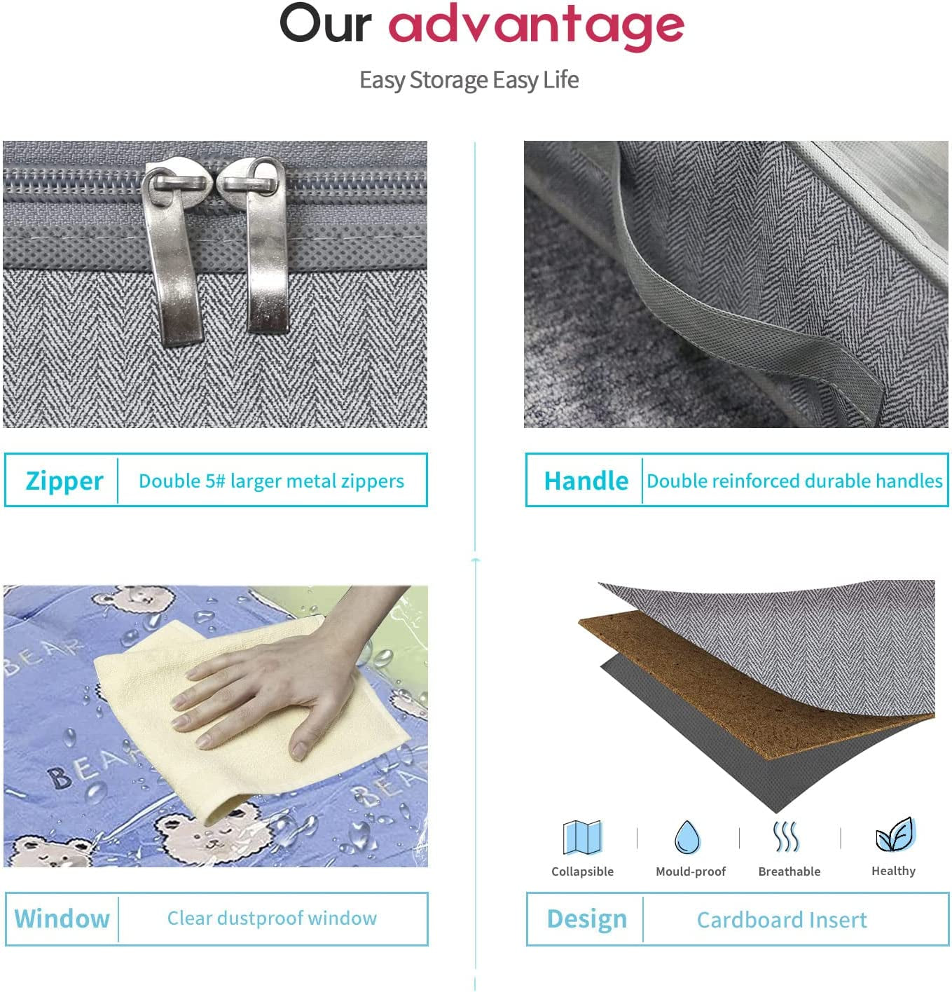 Breathable under Bed Storage Bags with 4 Reinforced Handles and Sturdy Side Wall, 2 Pack Eco-Friendly Underbed Clothing Blankets Organizer with 2 Strong Zippers, Herringbone Grey, MXRUBBSS2P