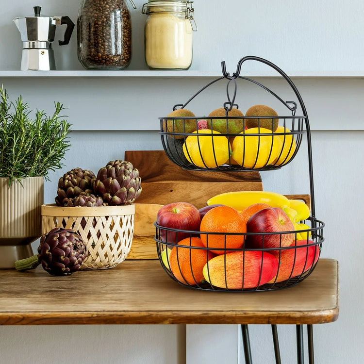 2 Tier Countertop Fruit Basket, Fruit Vegetable Storage Basket for Kitchen, Metal Wire Organization Basket, Black