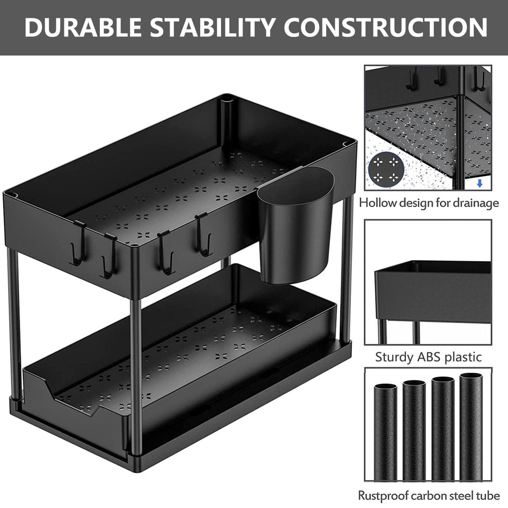 2-Pack under Sink Organizer, 2 Tier Multi-Purpose Large Capacity Kitchen under Sink Organizers and Storage Easy Access Sliding Storage Drawer with Hooks and Hanging Cup for Bathroom under Sink