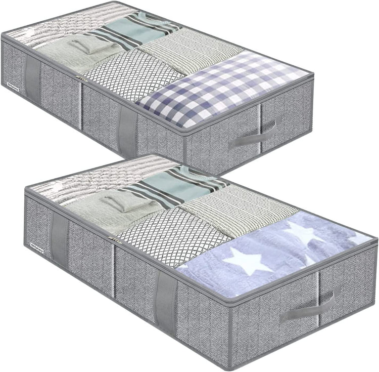 Breathable under Bed Storage Bags with 4 Reinforced Handles and Sturdy Side Wall, 2 Pack Eco-Friendly Underbed Clothing Blankets Organizer with 2 Strong Zippers, Herringbone Grey, MXRUBBSS2P