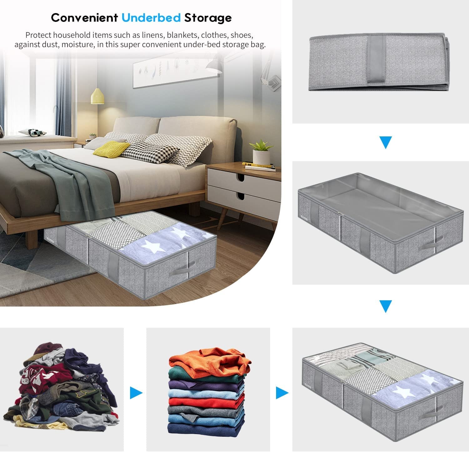 Breathable under Bed Storage Bags with 4 Reinforced Handles and Sturdy Side Wall, 2 Pack Eco-Friendly Underbed Clothing Blankets Organizer with 2 Strong Zippers, Herringbone Grey, MXRUBBSS2P