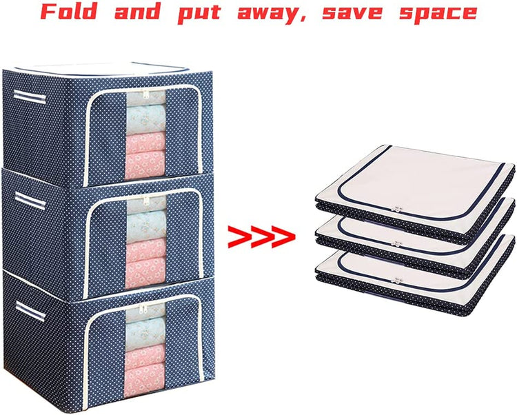 Clothes Storage Bag 100L Large Capacity Organizer with Reinforced Handle Thick Fabric for Comforters, Iron Bracket，Blankets, Bedding, Foldable with Sturdy Zipper, Clear Window,Blue (100L, 3 Pack)