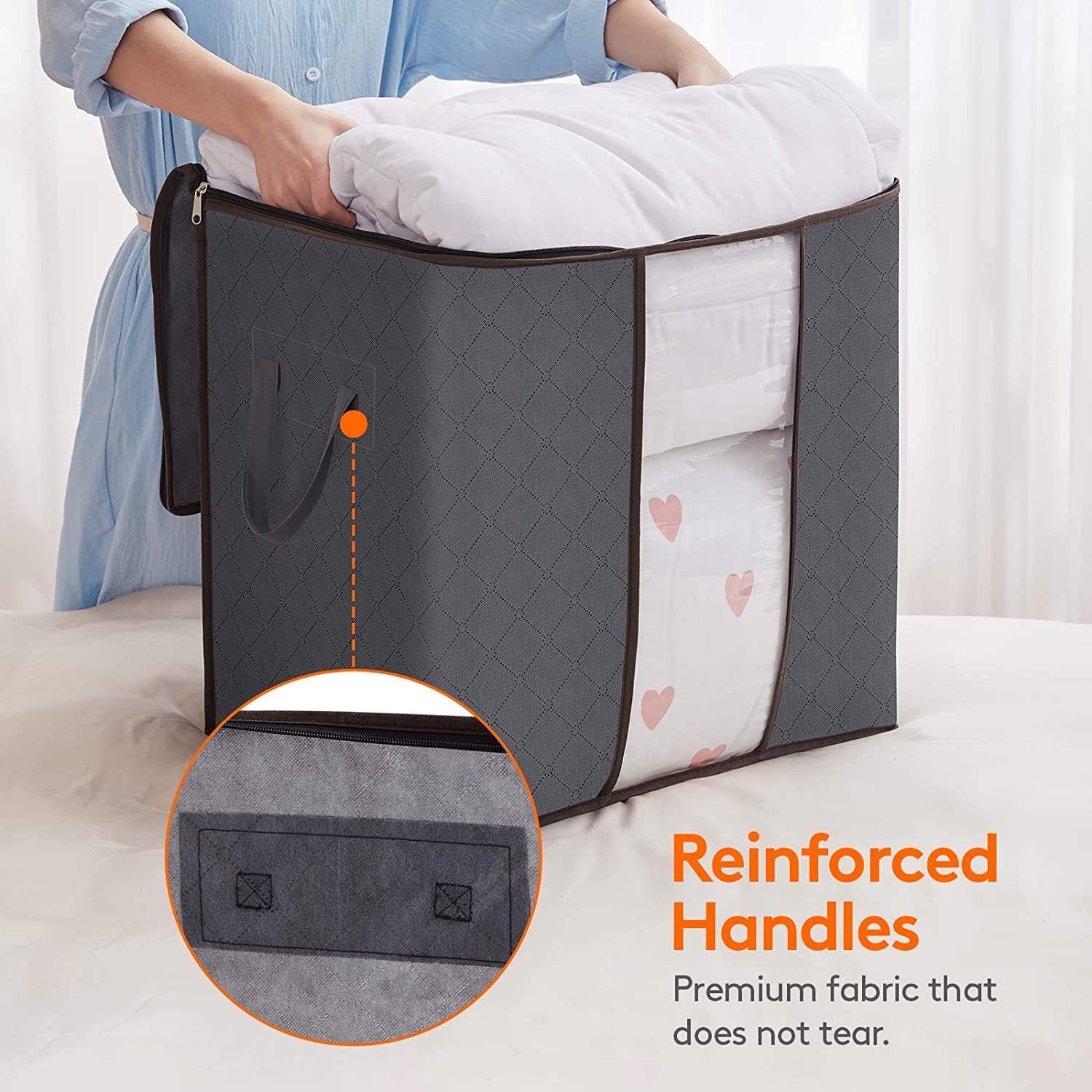 Clothes Storage Bag 90L Large Capacity Organizer with Reinforced Handle Thick Fabric for Comforters, Blankets, Bedding, Foldable with Sturdy Zipper, Clear Window, 3 Pack, Grey