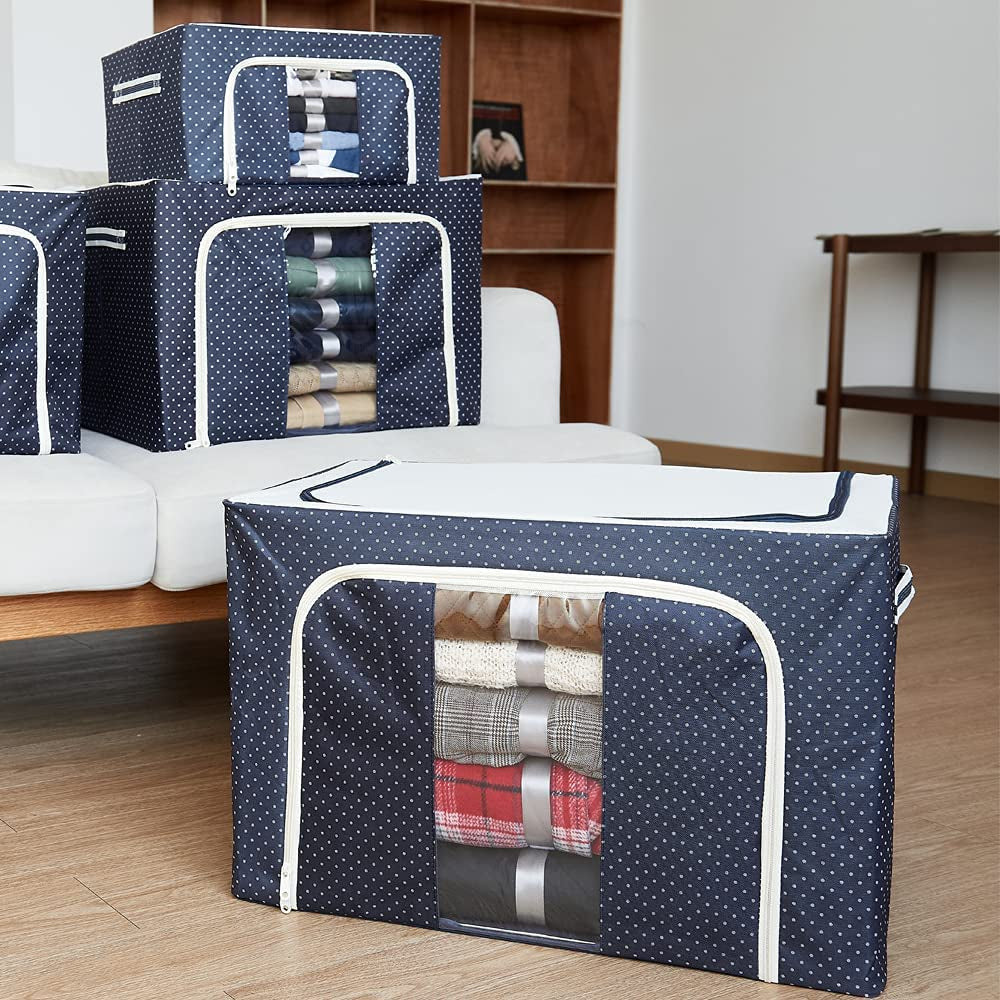 Clothes Storage Bag 100L Large Capacity Organizer with Reinforced Handle Thick Fabric for Comforters, Iron Bracket，Blankets, Bedding, Foldable with Sturdy Zipper, Clear Window,Blue (100L, 3 Pack)