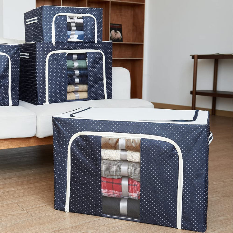 Clothes Storage Bag 100L Large Capacity Organizer with Reinforced Handle Thick Fabric for Comforters, Iron Bracket，Blankets, Bedding, Foldable with Sturdy Zipper, Clear Window,Blue (100L, 3 Pack)
