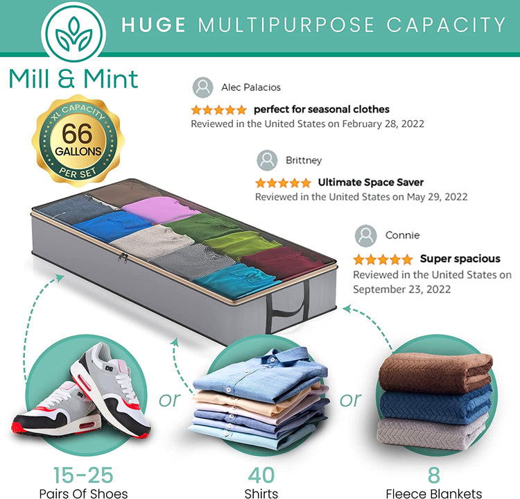 – 3 Underbed Storage Bags + 1 Organizer Tote– Foldable, Large under Bed Storage Containers for Clothes, Blankets, Shoes & Toys, Gray