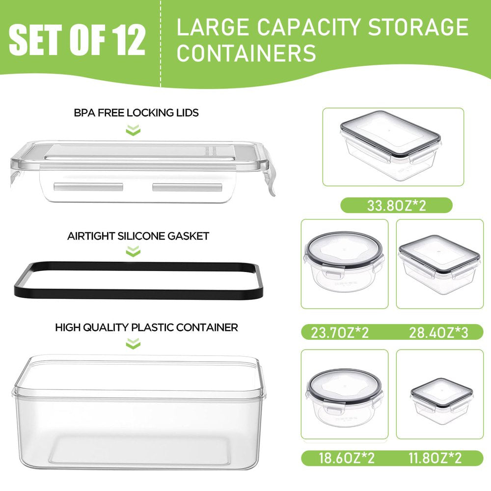 24 Pcs Food Storage Containers with Lids Airtight (12 Containers & 12 Lids), Plastic Meal Prep Container for Pantry & Kitchen Organization, Bpa-Free, Leak-Proof