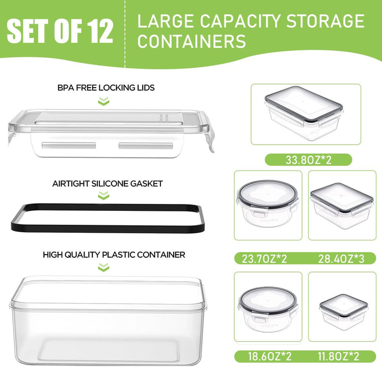 24 Pcs Food Storage Containers with Lids Airtight (12 Containers & 12 Lids), Plastic Meal Prep Container for Pantry & Kitchen Organization, Bpa-Free, Leak-Proof