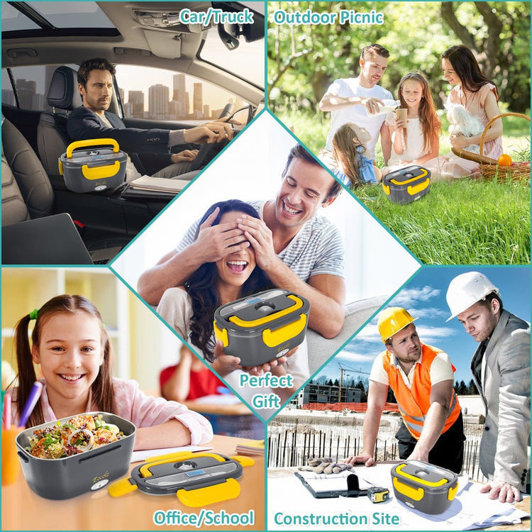 Electric Lunch Box 60W Food Heater Warmer, Eocolz 2 in 1 Portable Lunch Box for Car Truck Home Work Leak Proof with 1.5L Removable 304 Stainless Steel Container & Spoon 2 Compartments 110V 12V 24V