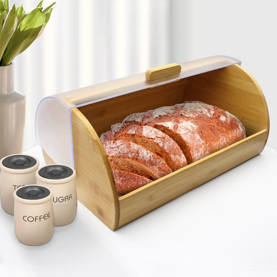 Bamboo Bread Box, Large Storage, Acrylic Easy Glide Cover with Handle, Polished Brown