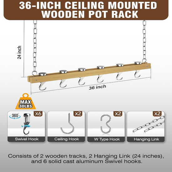 36-Inch Ceiling Mounted Wooden Pot Rack with 6 Solid Cast Aluminum Swivel Hooks, Movable Tracks Type Hanging Pot Rack Suitable for Heavy Duty Pots and Pans