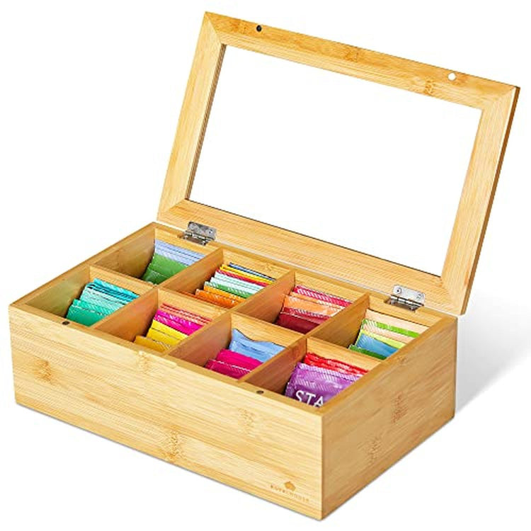 Big Natural Bamboo Tea Box Organizer, Tea Bag Holder with 8 Compartments